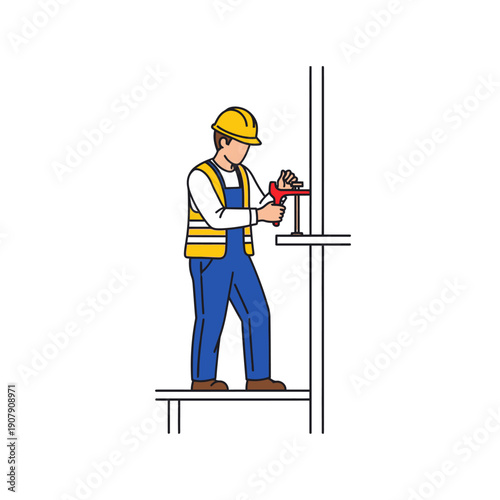 Industrial worker in blue overalls securing a metal beam with a red clamp