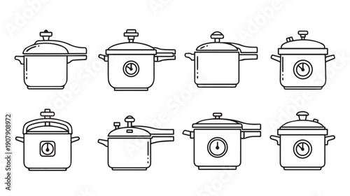 Pressure Cooker Icons Collection, Kitchenware Cooking Pots Set, Line Art Style