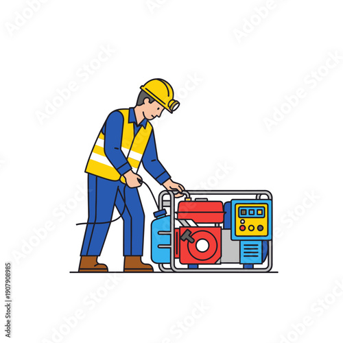 Industrial worker in safety vest starting portable power generator