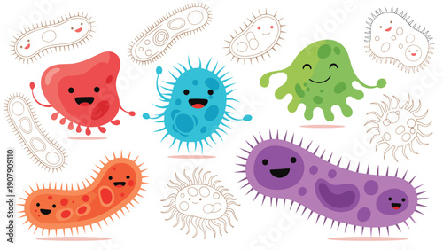 Collection of cute colorful cartoon bacteria and microbes with friendly faces and some outlined versions on a white background for education.