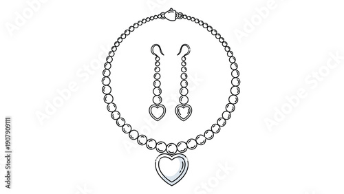 Elegant jewelry set featuring a pearl necklace with a large heart pendant and matching dangling heart earrings in black and white line art.