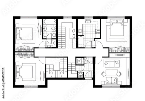 Residential Building Blueprint with Detailed Floor Plan and Interior Layout Illustration