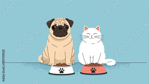 Cute illustration of a tan pug dog and a fluffy white cat sitting together with their respective food bowls on a blue background.