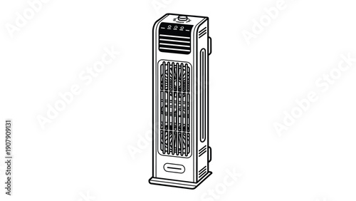 Black and white line drawing of a modern tower fan appliance standing vertically on a white background for ventilation and cooling concepts.