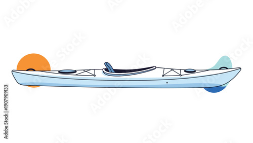 Sleek white sea kayak with blue and orange circular elements at the ends shown from a side profile view against a clean white background.