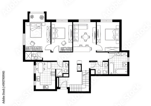 Vector Illustration of House Apartment Villa 2D Floor Plan Black White Furniture Included