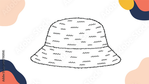 Simple line drawing of a fuzzy bucket hat decorated with a repeating wave pattern and surrounded by abstract colored shapes in the corners.