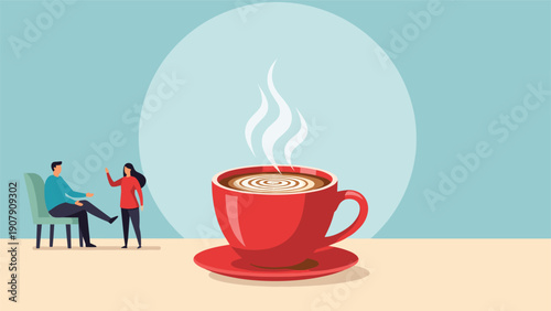 Conceptual illustration of a giant red cup of steaming coffee with a small man and woman sitting at a table in the background.