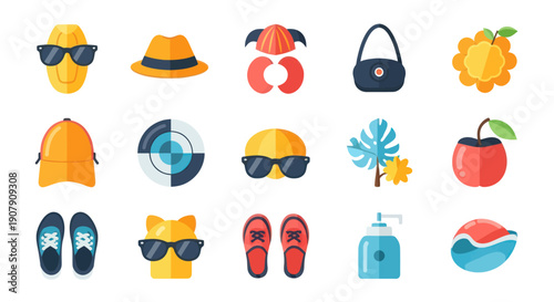 Collection of colorful summer icons hats sunglasses and accessories