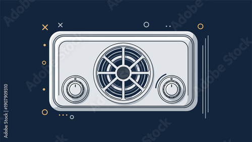 Retro style car radio or electronic control panel with circular knobs and a central speaker grill in a clean flat graphic design.