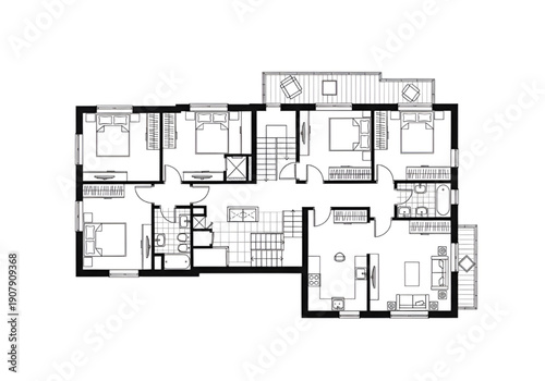 Detailed 2D Architectural Floor Plan in Black and White Vector Interior Layout Design
