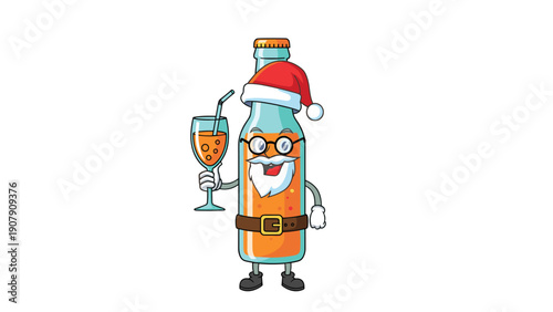 Humorous illustration of a soda bottle character dressed as Santa Claus with a white beard and hat holding a glass of bubbly orange drink.