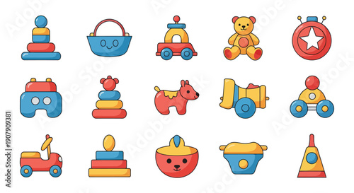 Collection of colorful toy icons stacking rings teddy bear and more