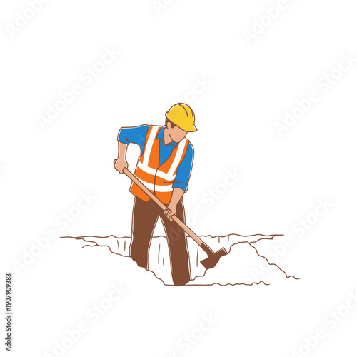 Laborer digging deep hole with pickaxe in dry ground