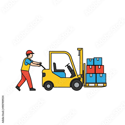 Logistics operator moving stacked boxes using a yellow forklift truck