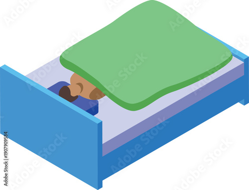 Person sleeping comfortably in bed, covered by a green blanket, in isometric view, ideal for rest and sleep related concepts