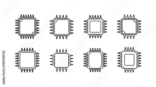Set of integrated circuit chips in line art style for technology and electronics