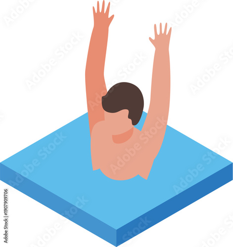 Swimmer with arms raised asking for help, drowning in water, isometric illustration
