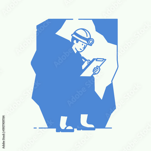 Blue silhouette of a mining engineer documenting findings in a dark tunnel