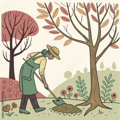 Whimsical Vector Illustration of a Gardener Planting Upside Down Trees, a Quirky Concept Highlighting Unique Perspectives and Creative Nurturing