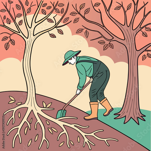 Whimsical Vector Illustration of a Gardener Planting Upside Down Trees, a Quirky Concept Highlighting Unique Perspectives and Creative Nurturing
