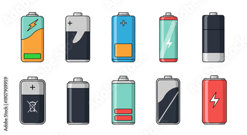 Colorful battery icons set energy and power symbols in vector style