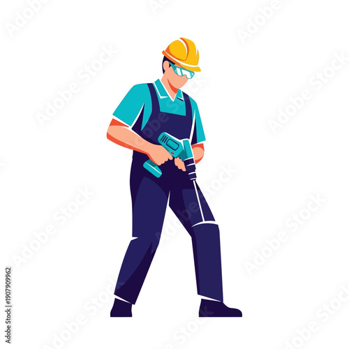 Builder operating a heavy duty pneumatic drill in blue overalls