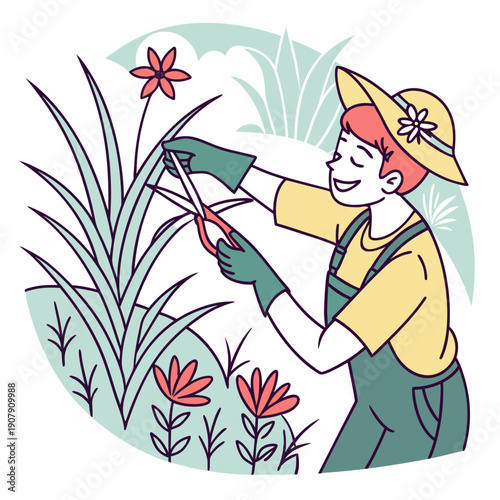 Seriously Playful Vector Art of a Gardener Trimming Air, an Absurd and Whimsical Concept Illustrating Futile Effort or Abstract Work