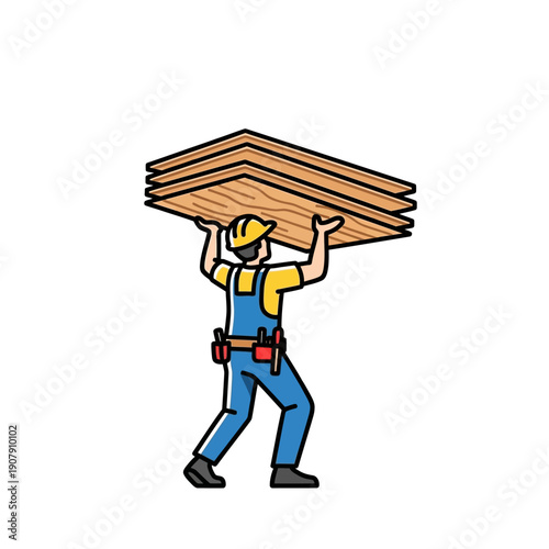 Carpenter carrying stack of plywood sheets on shoulders