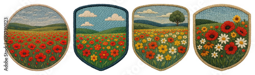 Panel kuchenny z motywem PNG Embroidered floral landscape patches on transparent background