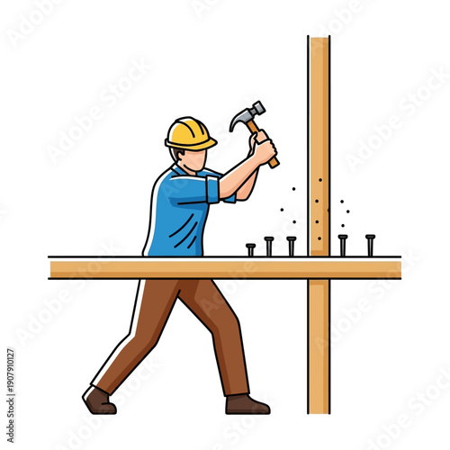 Carpenter driving nails into wooden plank with hammer