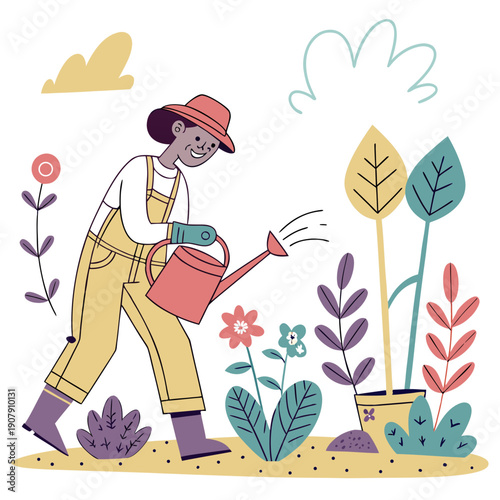 Proud Playful Gardener Watering Lifeless Plastic Plants with a Sense of Accomplishment, Humorous Irony Vector Art