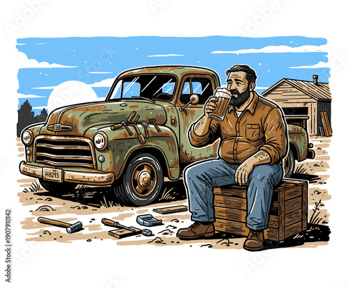 Vintage Mechanic Man Drinking Beer Vector Illustration. Bearded Craftsman Relaxing After Work Next to Rusty Classic Pickup Truck T-shirt Print Design.