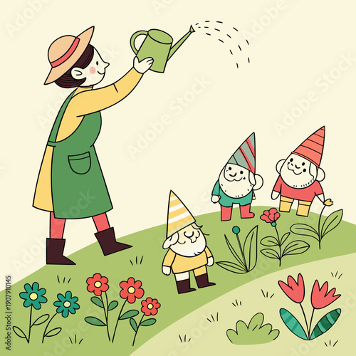 Playful Gardener Humorously Watering Lifeless Plastic Statues in a Garden Setting, Amusing Concept Vector Illustration
