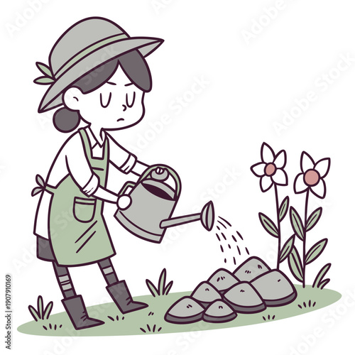 Cute Gardener Seriously Watering Unresponsive Rocks with a Watering Can, Humorous and Absurd Effort Vector Illustration
