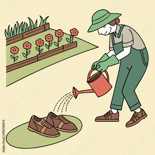 Clean Cartoon Gardener Watering Shoes Instead of Green Plants with a Garden Hose, Humorous and Unexpected Vector Art