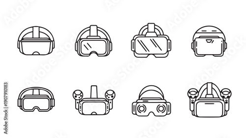 Virtual Reality Headsets Collection Line Icons Set, VR Devices and Controllers, Stock Media