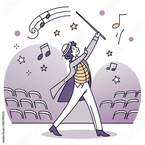 Playful Musician Joyfully Conducting an Invisible Orchestra with Energetic Hand Gestures, Expressing Passionate Music.