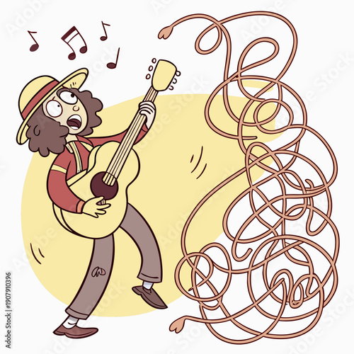 Whimsical Musician Frustrated as Guitar Strings Snap and Twist into Tangled Knots, a Playful Music Problem.