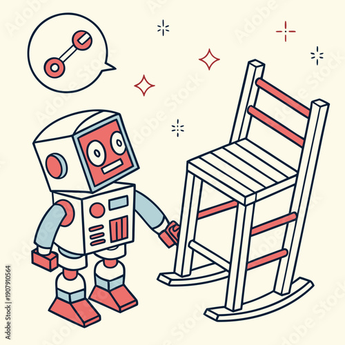 Playful Vector Illustration of a Robot Humorously Assembling a Chair with Extra Legs, Highlighting AI Malfunctions and Comical Errors.