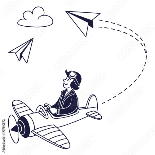 Whimsical Modern Vector Art of a Pilot Enthusiastically Flying Paper Planes Instead of Real Aircraft, Symbolizing Dreams and Simple Aspirations.