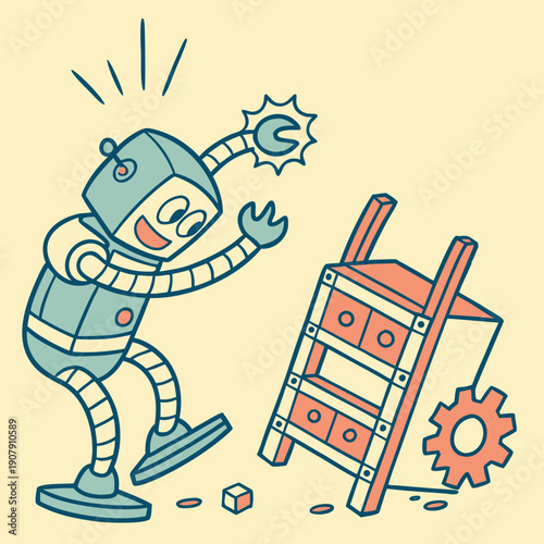 Playful Vector Art of a Robot Comically Assembling Furniture Incorrectly, Illustrating AI Glitches and Humorous Automation Fails.
