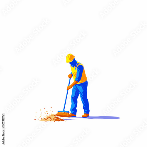Construction site worker in safety vest sweeping debris with a broom