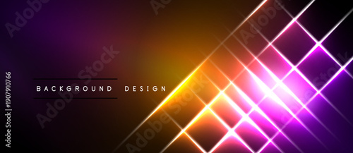 Vibrant abstract background features glowing lines, gradients. Purple, orange, pink hues create dynamic visual effect. Modern design element.