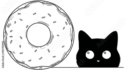 A black and white illustration of a donut with sprinkles and a peering cat