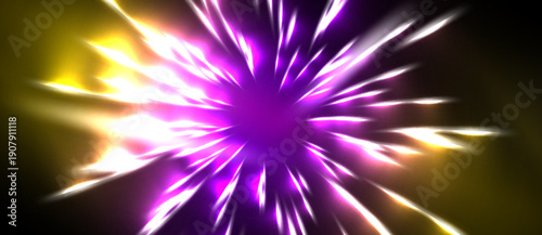 Bright explosion radiates purple, yellow hues. Sharp rays emanate from central point, creating dynamic visual effect. Dark background emphasizes luminosity.