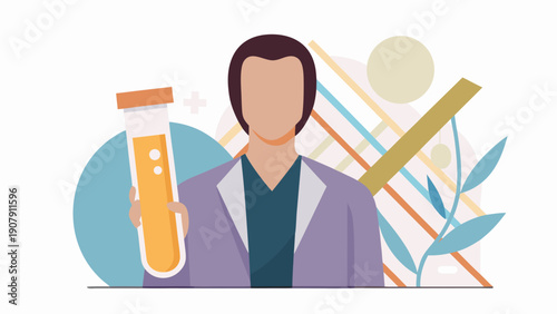 Medical lab technician holding test tube with orange liquid in modern laboratory setting with colorful background