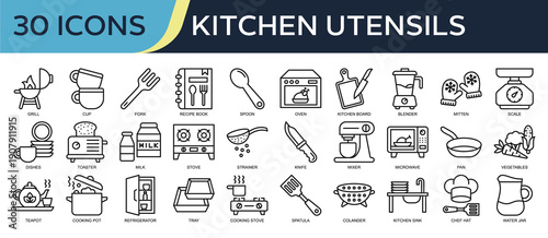 Collection of Kitchen Utensils icons, related to Grill, Recipe book, Dishes, Microwave, Vegetables and more. Outline icons vector illustation.