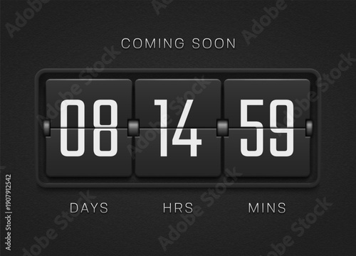 Countdown timer. Clock counter panel. Mechanical scoreboard with white numbers for alarm timers, airports, sports events, date displays, and countdowns. Vector illustration.