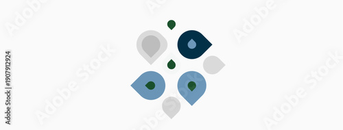 Abstract design features droplet shapes, varying shades blue, green, gray. Minimalist aesthetic, clean lines, white background present.
